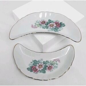 Lot‎ of 2 Chadwick Porcelain Bone Plate Dishes PinkTeal Floral Crescent Gold Rim